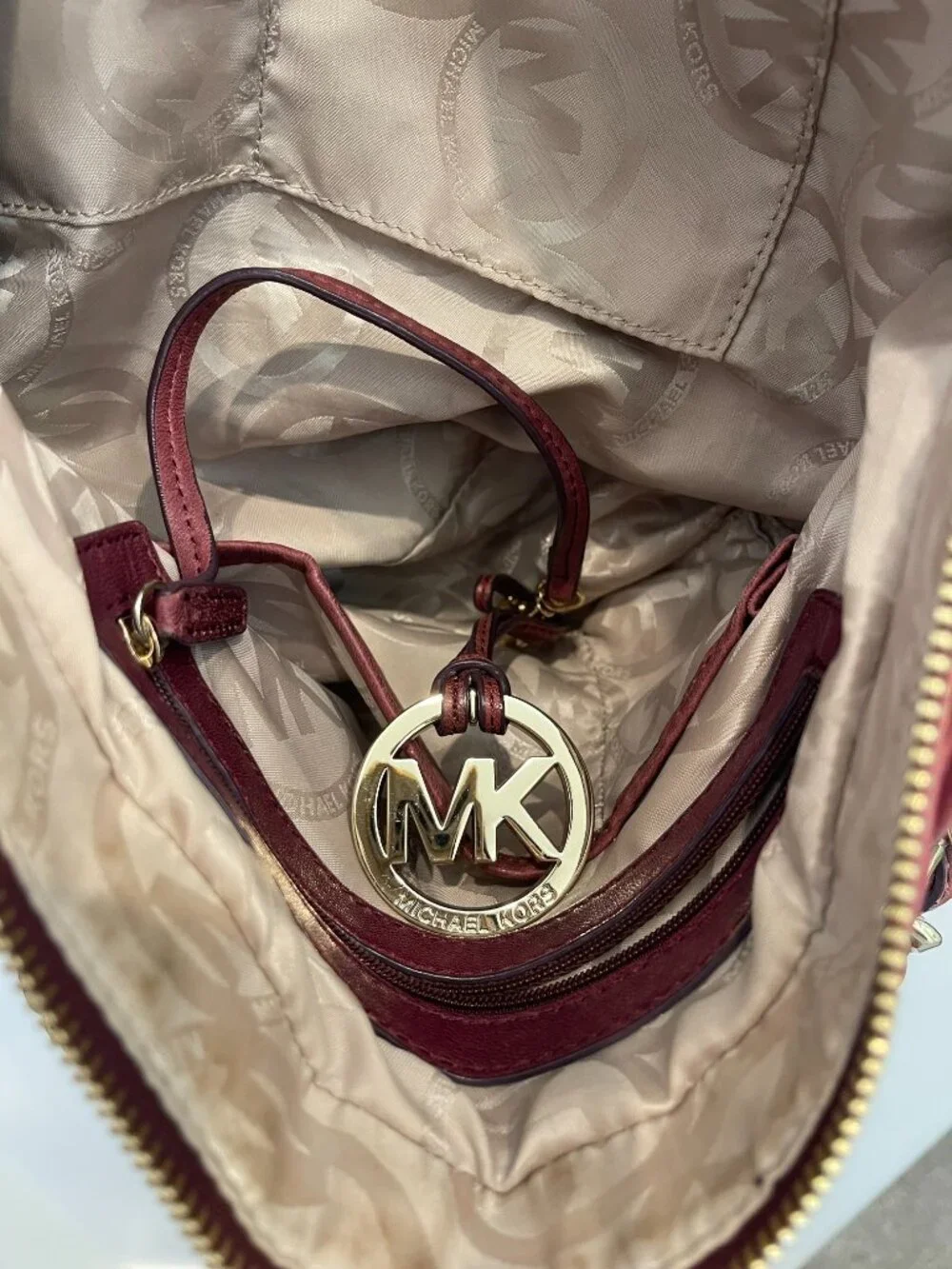Michael Kors Gathered Leather Chain Shoulder Tote Bordeaux Wine Gold Hardware